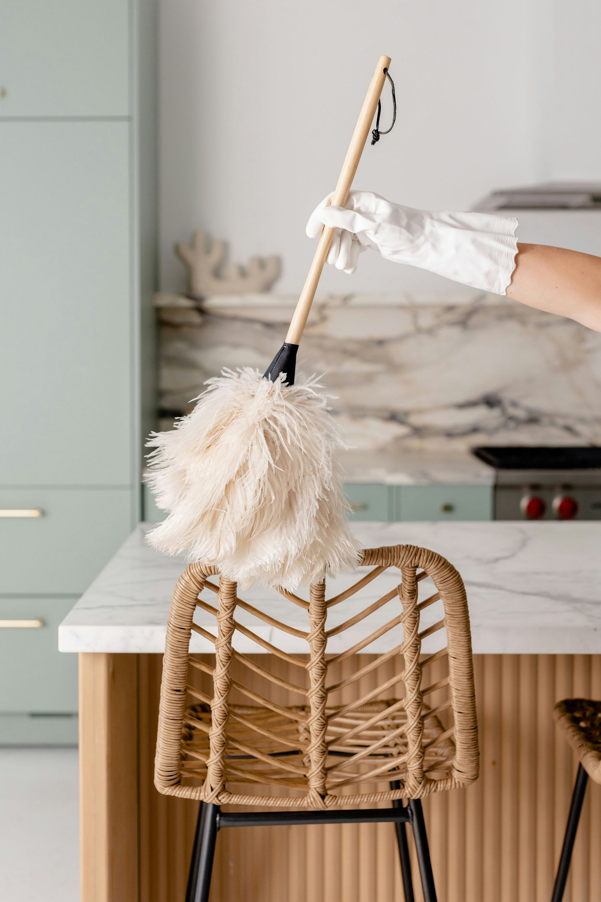 Dusting a kitchen counter